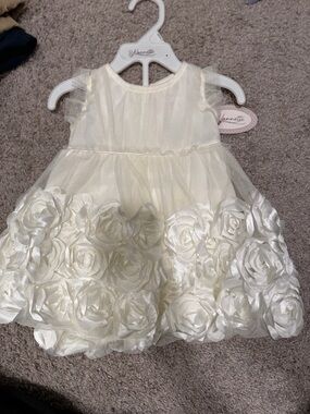 Shimmering Ivory Floral Rosette Baby Dress  w/ Bloomers- 12 month- nwt